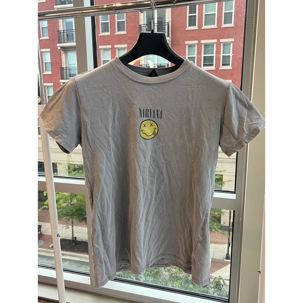 Cotton On Nirvana Graphic T-Shirt Grey Smiley Face Seahorse Band Tee Womens